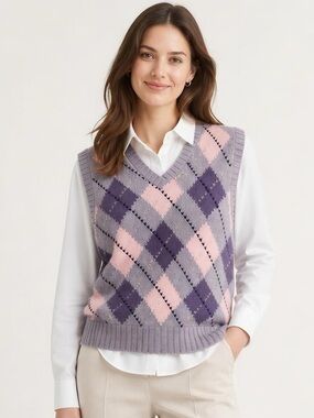 Vintage Wool Argyle Knit V-Neck Sweater Vest - Pink & Purple